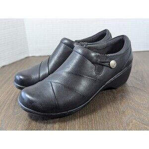 Clarks Channing Ann Loafers Womens 9 Black Leather Zip Block Heel Shoes Comfort